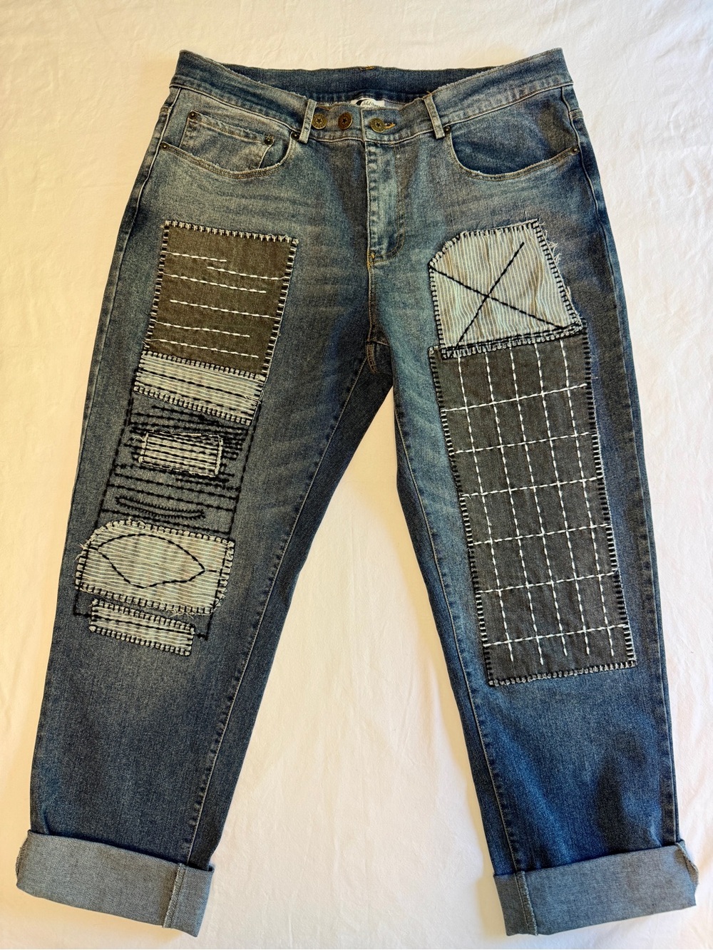 NWT Jaded Gypsy Bohemian Denim Grid Patchwork Contrast Stitch Jeans S/M
